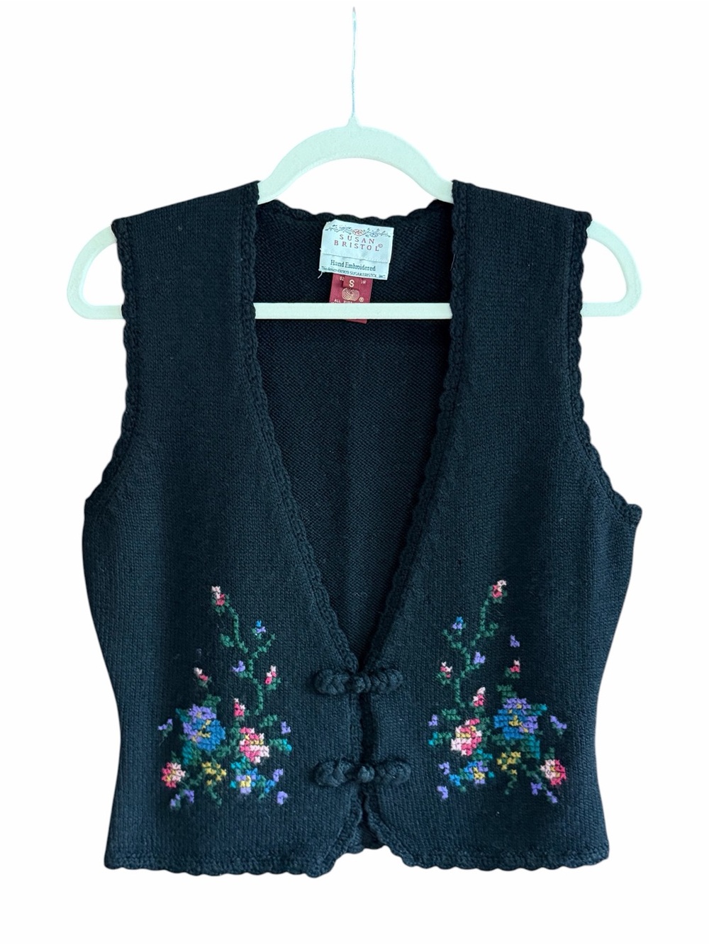 VTG Susan Bristol Hand Embroidered Worsted WOOL Sweater Vest S